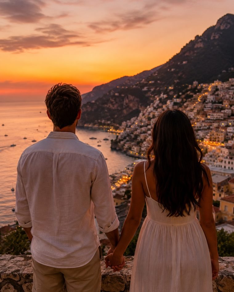 Casal de mãos dadas admira uma cidade litorânea iluminada ao entardecer.
