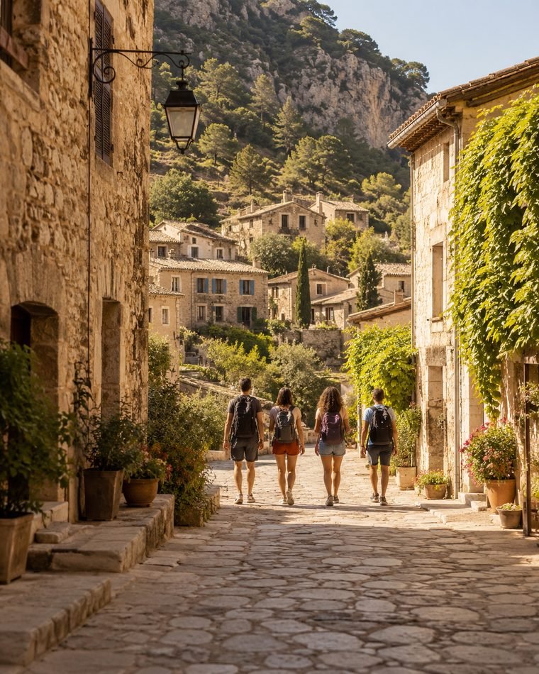 Grupo de quatro amigos com mochilas caminha por uma rua de pedra em um vilarejo histórico.
