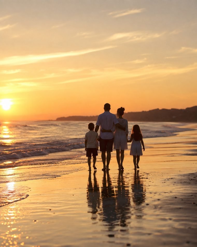 Família com duas crianças caminha de mãos dadas por uma praia ao pôr do sol.