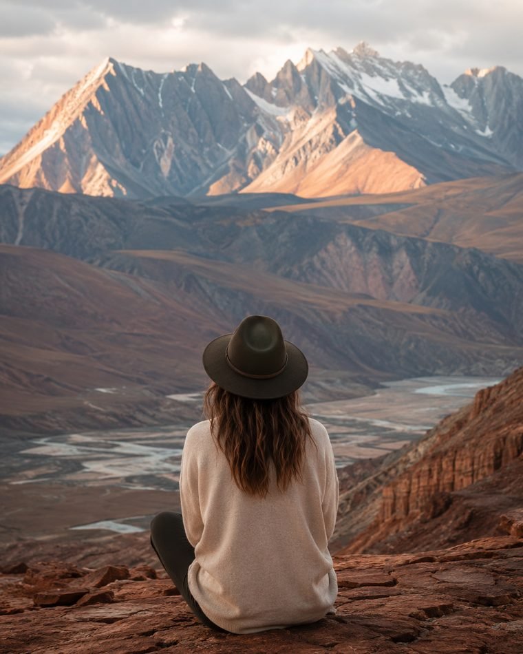 Viajante sentada sozinha em um mirante contempla um vale entre montanhas.