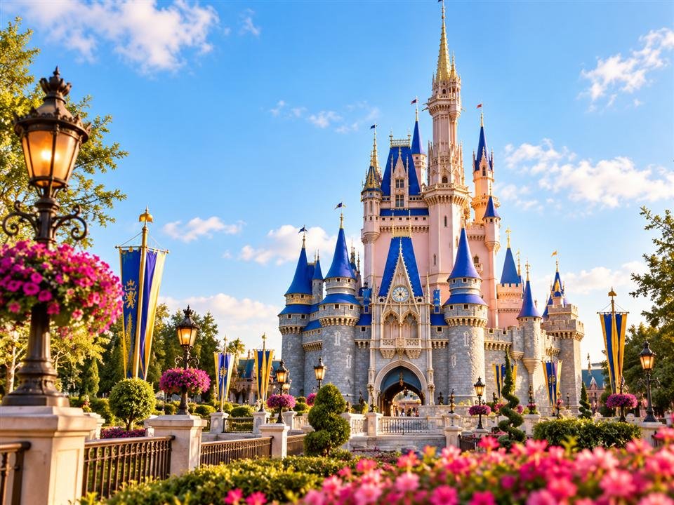 Castelo da Disney em Orlando, cercado por jardins floridos.