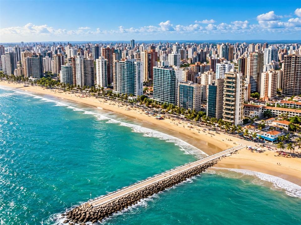 Vista aérea da orla de Fortaleza, com praia, mar azul e edifícios à beira-mar.